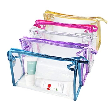 Meetory 5 Pcs Clear Waterproof Cosmetic Bag with Zipper, PVC Transparent Plastic Makeup Organizing Bags Travel Toiletry Pouch for Bathroom, Vacation and Organizing