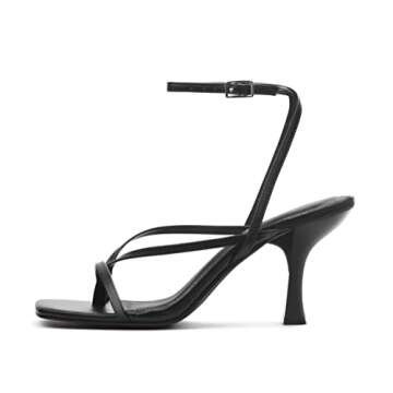 Carcuume Womens Kitten Heels Square Toe Thong Strappy Ankle Strap Stiletto Heel Sandals,CAMILE-ALL BLACK PU-7.5