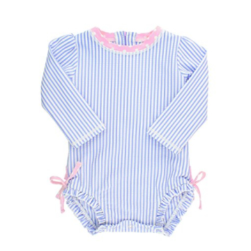 RuffleButts® Baby/Toddler Girls Long Sleeve One Piece Swimsuit - Blue Seersucker with UPF 50+ Sun P...
