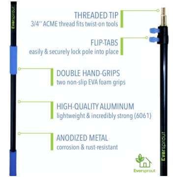 EVERSPROUT Pro Pole, 5-to-12 Foot Heavy Duty Extension Pole (3-Stage), Lightweight Anodized Aluminum, Telescoping Pole - Fits Standard ACME Threaded Adaptor for Cleaning, Squeegee, Bulb Change & More