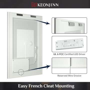 Keonjinn 40 x 32 Inch LED Mirror for Bathroom, Front Lighted Wall Vanity Mirror, Tempered Glass, 3000K/4500K/6000K, Wall-Mounted, Anti-Fog, Dimmable, UL Listed LED Driver (Horizontal/Vertical)