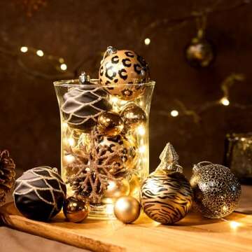 DecorbyHannah 70ct Christmas Ornaments Set, Shatterproof Black Gold Leopard Theme Christmas Tree Dec...