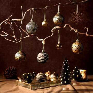 DecorbyHannah 70ct Christmas Ornaments Set, Shatterproof Black Gold Leopard Theme Christmas Tree Decorations with Small Xmas Tree, Gnome and Wooden Lighted Bird House for Home Party Halloween Decor