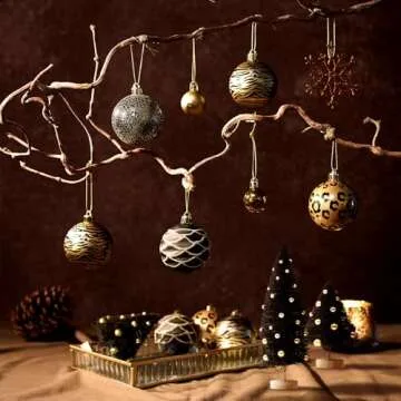 DecorbyHannah 70ct Christmas Ornaments Set, Shatterproof Black Gold Leopard Theme Christmas Tree Decorations with Small Xmas Tree, Gnome and Wooden Lighted Bird House for Home Party Halloween Decor