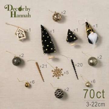 DecorbyHannah 70ct Christmas Ornaments Set, Shatterproof Black Gold Leopard Theme Christmas Tree Decorations with Small Xmas Tree, Gnome and Wooden Lighted Bird House for Home Party Halloween Decor
