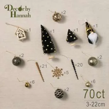 DecorbyHannah 70ct Christmas Ornaments Set, Shatterproof Black Gold Leopard Theme Christmas Tree Decorations with Small Xmas Tree, Gnome and Wooden Lighted Bird House for Home Party Halloween Decor