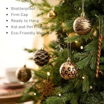 DecorbyHannah 70ct Christmas Ornaments Set, Shatterproof Black Gold Leopard Theme Christmas Tree Decorations with Small Xmas Tree, Gnome and Wooden Lighted Bird House for Home Party Halloween Decor