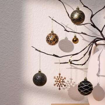 DecorbyHannah 70ct Christmas Ornaments Set, Shatterproof Black Gold Leopard Theme Christmas Tree Decorations with Small Xmas Tree, Gnome and Wooden Lighted Bird House for Home Party Halloween Decor