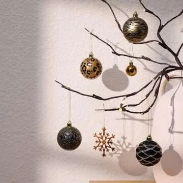 DecorbyHannah 70ct Christmas Ornaments Set, Shatterproof Black Gold Leopard Theme Christmas Tree Decorations with Small Xmas Tree, Gnome and Wooden Lighted Bird House for Home Party Halloween Decor