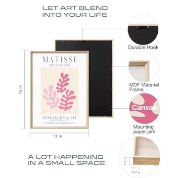 Framed Matisse Pink Canvas Wall Art,Abstract Matisse Canvas Wall Decor,16x12IN High Framed Wood Design Prints,Minimalist Wood Frame Posters for Living Room,Bedroom,Bathroom Set of 3