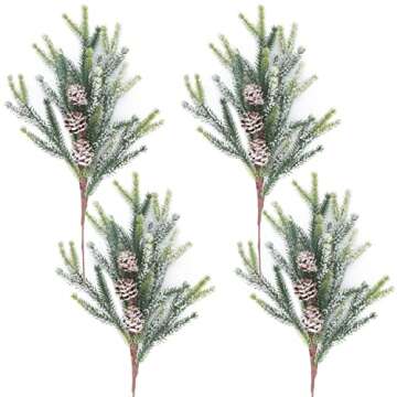 Kunjocy 4 Pieces 14" Snowy Artificial Cypress Pine Needles Branches Fake Frosted Pine Picks Greenery...