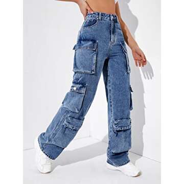 SweatyRocks Women's Casual High Waist Flap Pockets Cargo Jeans Baggy Straight Leg Denim Pants Machine Wash L