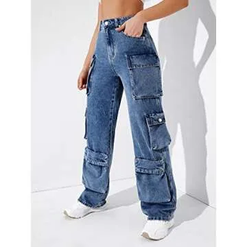 SweatyRocks Women's Casual High Waist Flap Pockets Cargo Jeans Baggy Straight Leg Denim Pants Machine Wash L