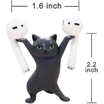 Cute Stuff Home Decor Fun Kitty Decoration for Desk Shelf Magnetic Dance Cat Airpod Holder Headphone Earbuds Holder for Apple AirPods 1& 2 3 Pro, Unique Birthday Bday Gifts Ideas (Black)