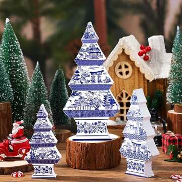 Jexine 3 Pieces Wooden Christmas Trees Christmas Trees Figurine Christmas Trees Table Decor Artificial Textured Christmas Trees for Home Christmas Party Decor, 3 Size (Chinoiserie Style)