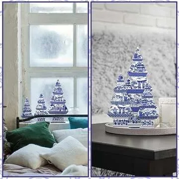 Jexine 3 Pieces Wooden Christmas Trees Christmas Trees Figurine Christmas Trees Table Decor Artificial Textured Christmas Trees for Home Christmas Party Decor, 3 Size (Chinoiserie Style)