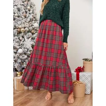 CUPSHE Women Skirts Plaid Ruffled Maxi Skirt Holiday High-Rise Waist Long Skirt Red M