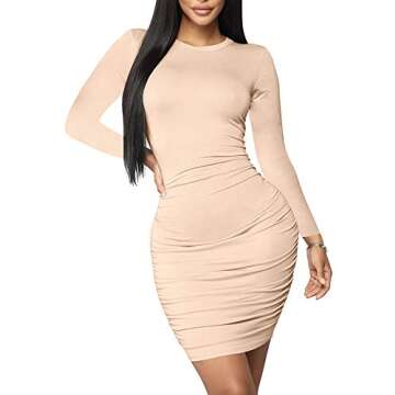 Mokoru Women's Sexy Basic Elegant Long Sleeve Ruched Bodycon Club Party Mini Dress, XX-Large, Nude