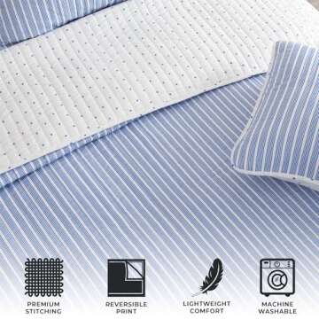Great Bay Home 3-Piece King Reversible Lightweight Quilt Comforter with 2 Shams | All-Season, Modern, Striped Bedspreads | Blue Striped Coverlet Sets | Marcie Quilts Collection