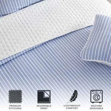 Great Bay Home 3-Piece King Reversible Lightweight Quilt Comforter with 2 Shams | All-Season, Modern, Striped Bedspreads | Blue Striped Coverlet Sets | Marcie Quilts Collection