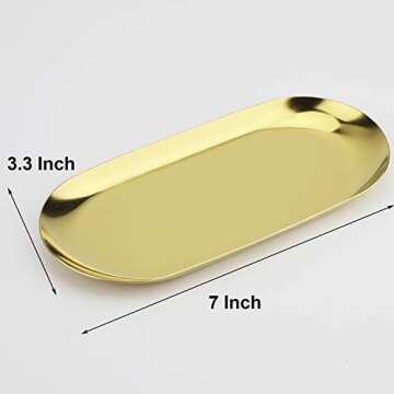 Stainless Steel Decorative Tray, Set of 2, 7 Inch Long, Jewelry Dish Cosmetics Organizer Bathroom Cl...