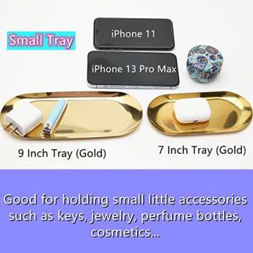 Stainless Steel Decorative Tray, Set of 2, 7 Inch Long, Jewelry Dish Cosmetics Organizer Bathroom Clutter Serving Platter Small Storage Tray, Oval, Gold