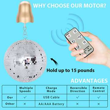 Disco Ball Motor with Remote,1200mAh Battery Operated Gold Wind Spinner Motor,Slow Rotating Small Automatic Mirror Ball Motor,Spinning Ornament Hanger Decor Hanging Wind Chime Baby Crib Mobile Motor