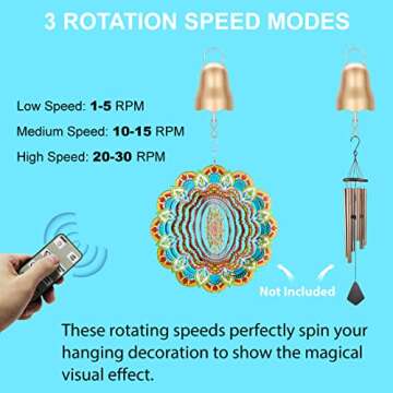 Disco Ball Motor with Remote,1200mAh Battery Operated Gold Wind Spinner Motor,Slow Rotating Small Automatic Mirror Ball Motor,Spinning Ornament Hanger Decor Hanging Wind Chime Baby Crib Mobile Motor