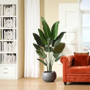 Ferrgoal Artificial Bird of Paradise Plants 6 Ft Fake Tropical Palm Tree with 13 Trunks in Pot and Woven Seagrass Belly Basket Perfect Faux Plant for Home Indoor Outdoor Office Modern Decor Green 1Pc…