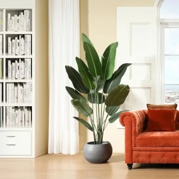 Ferrgoal Artificial Bird of Paradise Plants 6 Ft Fake Tropical Palm Tree with 13 Trunks in Pot and Woven Seagrass Belly Basket Perfect Faux Plant for Home Indoor Outdoor Office Modern Decor Green 1Pc…