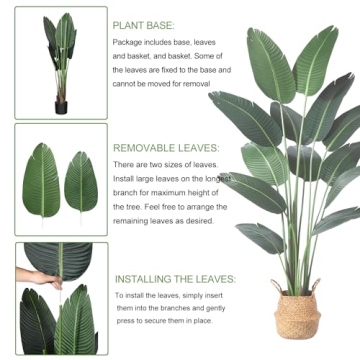 Ferrgoal Artificial Bird of Paradise Plants 6 Ft Fake Tropical Palm Tree with 13 Trunks in Pot and Woven Seagrass Belly Basket Perfect Faux Plant for Home Indoor Outdoor Office Modern Decor Green 1Pc…