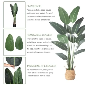 Ferrgoal Artificial Bird of Paradise Plants 6 Ft Fake Tropical Palm Tree with 13 Trunks in Pot and Woven Seagrass Belly Basket Perfect Faux Plant for Home Indoor Outdoor Office Modern Decor Green 1Pc…