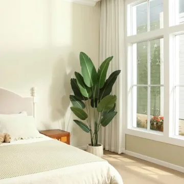 Ferrgoal Artificial Bird of Paradise Plants 6 Ft Fake Tropical Palm Tree with 13 Trunks in Pot and Woven Seagrass Belly Basket Perfect Faux Plant for Home Indoor Outdoor Office Modern Decor Green 1Pc…