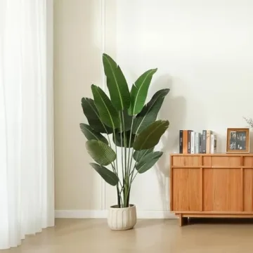 Ferrgoal Artificial Bird of Paradise Plants 6 Ft Fake Tropical Palm Tree with 13 Trunks in Pot and Woven Seagrass Belly Basket Perfect Faux Plant for Home Indoor Outdoor Office Modern Decor Green 1Pc…