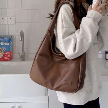 Qurlon Women Hobo Bag Faux Leather Tote Bag Stylish Large Capacity Shoulder Bag Hobo Handbag for Work Travel (Brown)