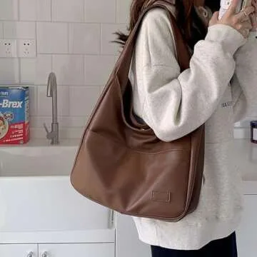 Qurlon Women Hobo Bag Faux Leather Tote Bag Stylish Large Capacity Shoulder Bag Hobo Handbag for Work Travel (Brown)
