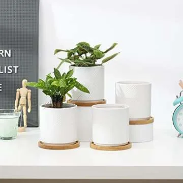 AOMRYOM Modern Ceramic Plant Pots Set with Drainage and Saucer, 4 Inch, Geometric Design