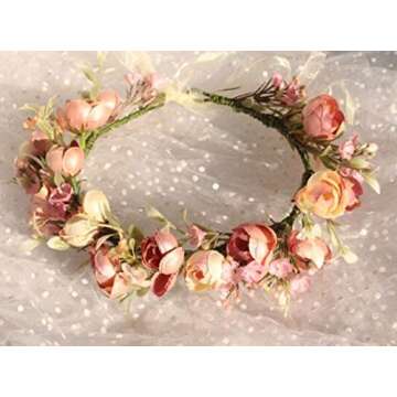 DreamLily Girls Camellias Flower Crown Birthday Photo Pops Hair Wreath Wedding Festival Floral Headpiece XM11 (Pink)