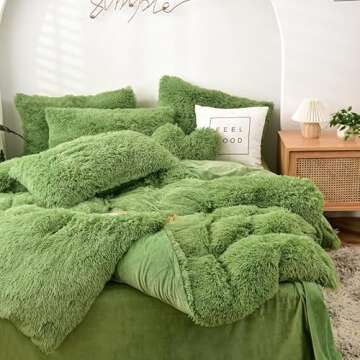MorroMorn 5 PCS Shaggy Duvet Cover Bedding Set - Fluffy Comforter Cover Long Faux Fur Luxury Ultra Soft Cozy (Green, King/California King)