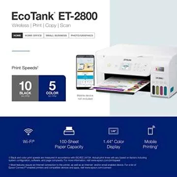 Epson EcoTank ET-2800 Wireless Color All-in-One Supertank Inkjet Printer, White - Print Scan Copy - 10 ppm, 5760 x 1440 dpi, 1.44" LCD Display, Borderless Photo Prints