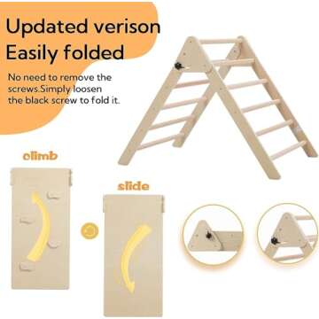 Giant bean Foldable Wooden Climbing Triangle with Sliding Ramp, 3 in 1 Pikler Triangle Climbing Toys for Toddlers, Kids Indoor Climbers & Gym Play Structures for Boys Girls