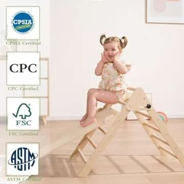 Giant bean Foldable Wooden Climbing Triangle with Sliding Ramp, 3 in 1 Pikler Triangle Climbing Toys for Toddlers, Kids Indoor Climbers & Gym Play Structures for Boys Girls