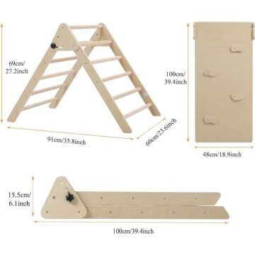 Giant bean Foldable Wooden Climbing Triangle with Sliding Ramp, 3 in 1 Pikler Triangle Climbing Toys for Toddlers, Kids Indoor Climbers & Gym Play Structures for Boys Girls