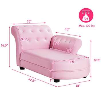 Costzon Kids Couch, Princess Kids Sofa Chairs for Baby Girls 3-5 Old w/Wood Frame & Leather Surface for Nap & Rest, Toddler Couch for Preschool, Nursery, Kindergarten, Children Furniture Gift (Pink)