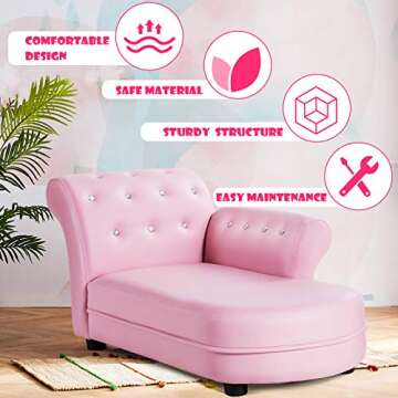 Costzon Kids Couch, Princess Kids Sofa Chairs for Baby Girls 3-5 Old w/Wood Frame & Leather Surface for Nap & Rest, Toddler Couch for Preschool, Nursery, Kindergarten, Children Furniture Gift (Pink)