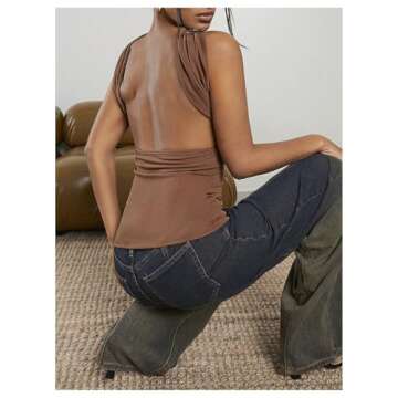 Milumia Women Ruched Strapless Halter Tube Top Open Back Slim Fit Bandeau Shirts Solid Brown X-Small