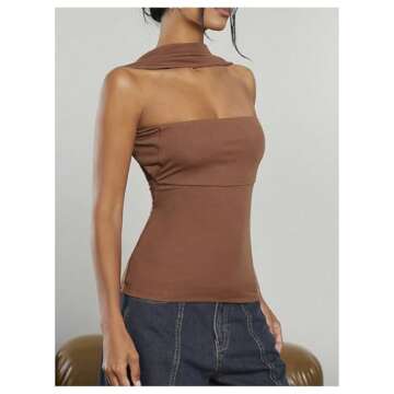Milumia Women Ruched Strapless Halter Tube Top Open Back Slim Fit Bandeau Shirts Solid Brown X-Small