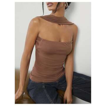 Milumia Women Ruched Strapless Halter Tube Top Open Back Slim Fit Bandeau Shirts Solid Brown X-Small