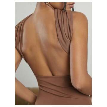 Milumia Women Ruched Strapless Halter Tube Top Open Back Slim Fit Bandeau Shirts Solid Brown X-Small