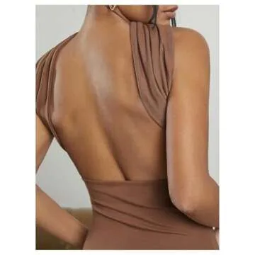 Milumia Women Ruched Strapless Halter Tube Top Open Back Slim Fit Bandeau Shirts Solid Brown X-Small